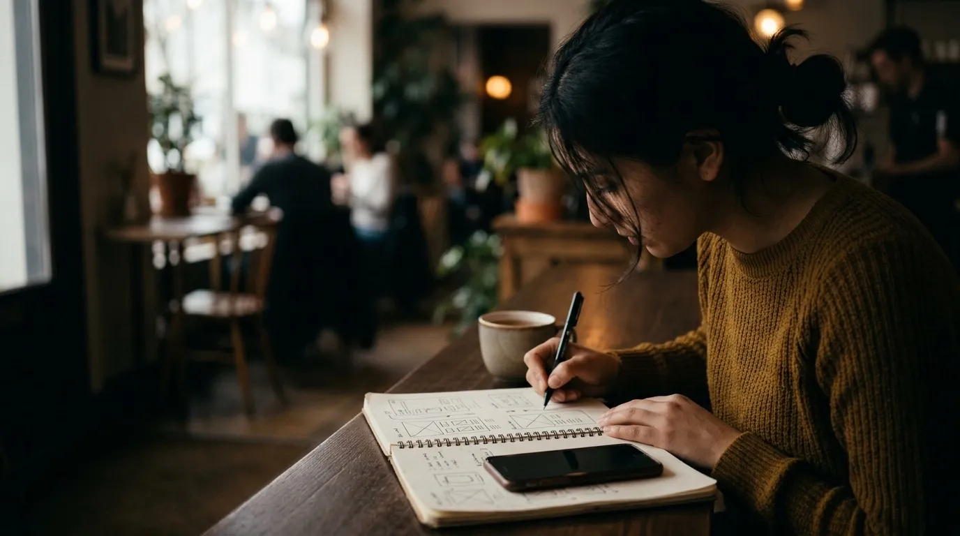 Una diseñadora de producto bocetando pantallas de app en una libreta junto a su teléfono