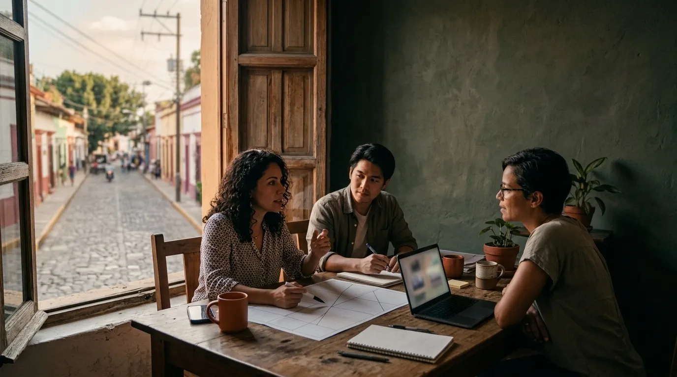 Un pequeño equipo de marketing en una oficina de una ciudad mexicana planeando una campaña local