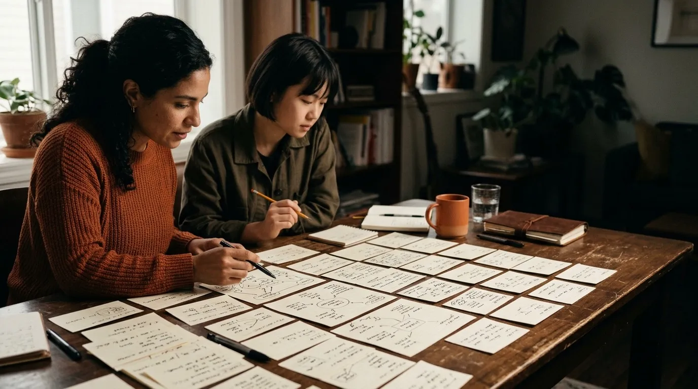 Una estratega de contenido organizando temas en tarjetas sobre un escritorio