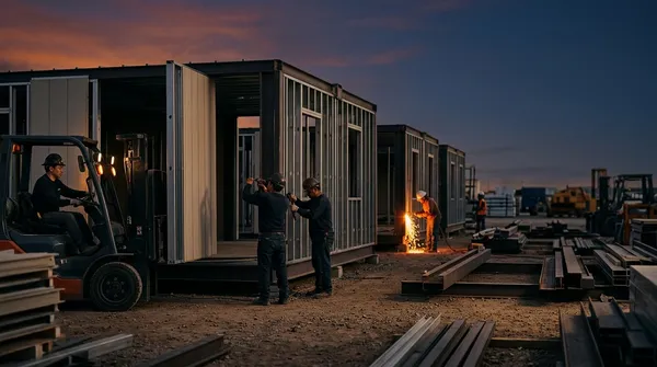 Modular building units being assembled in a fabrication yard at dusk
