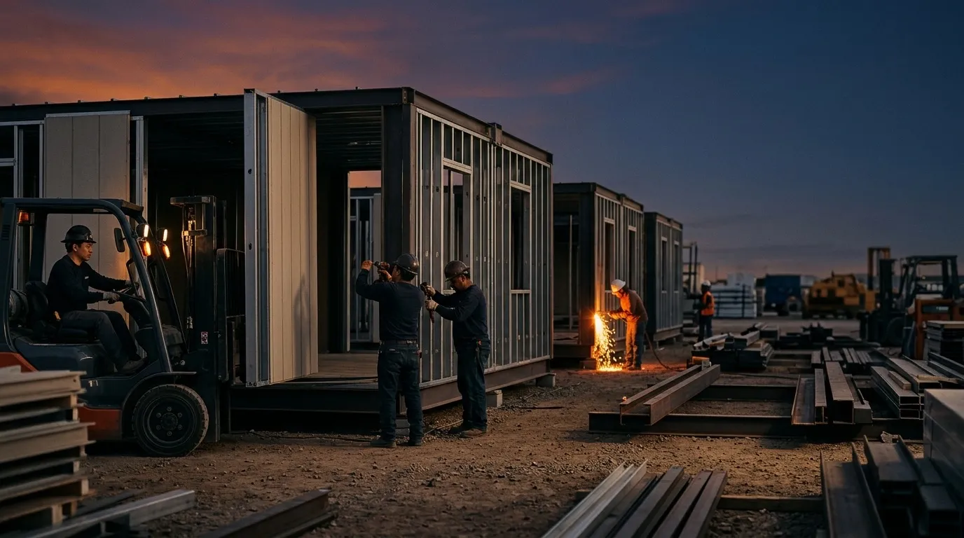 Modular building units being assembled in a fabrication yard at dusk