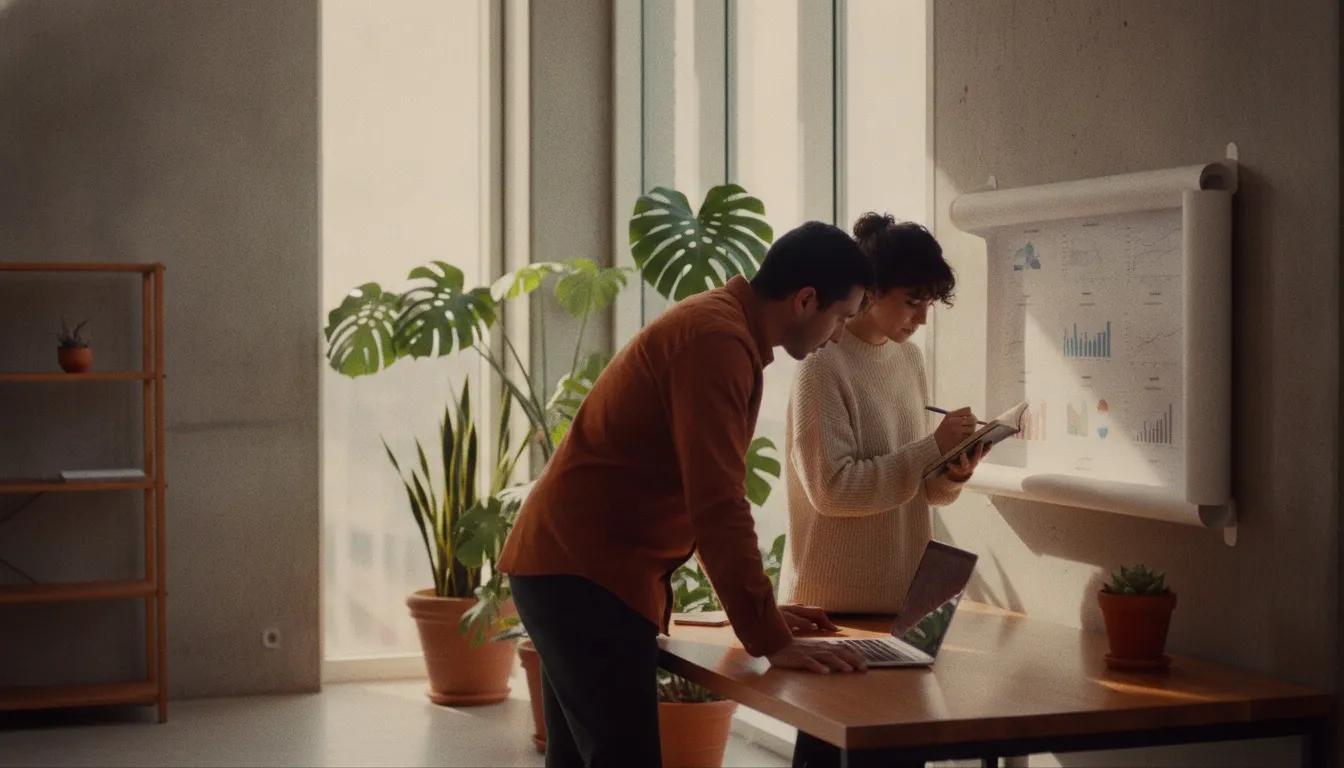An engineer leaning over a laptop while a colleague takes notes beside a chart pinned to the wall, in a bright office with plants and concrete walls