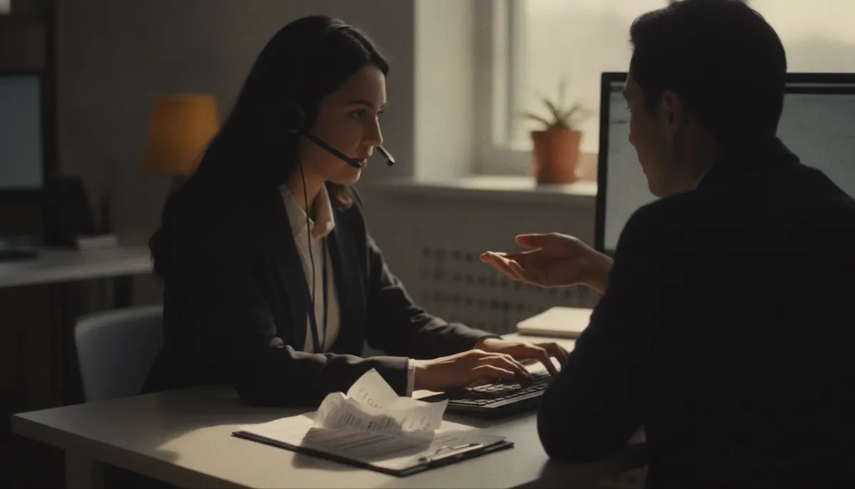 A support agent with a headset taking over a customer conversation, a printed escalation checklist beside the keyboard