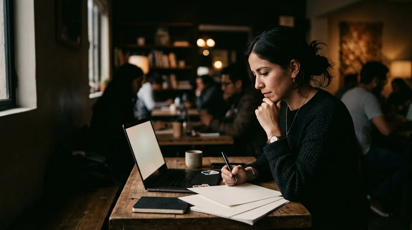 A marketer reviewing campaign sketches on paper beside a laptop, thoughtful expression