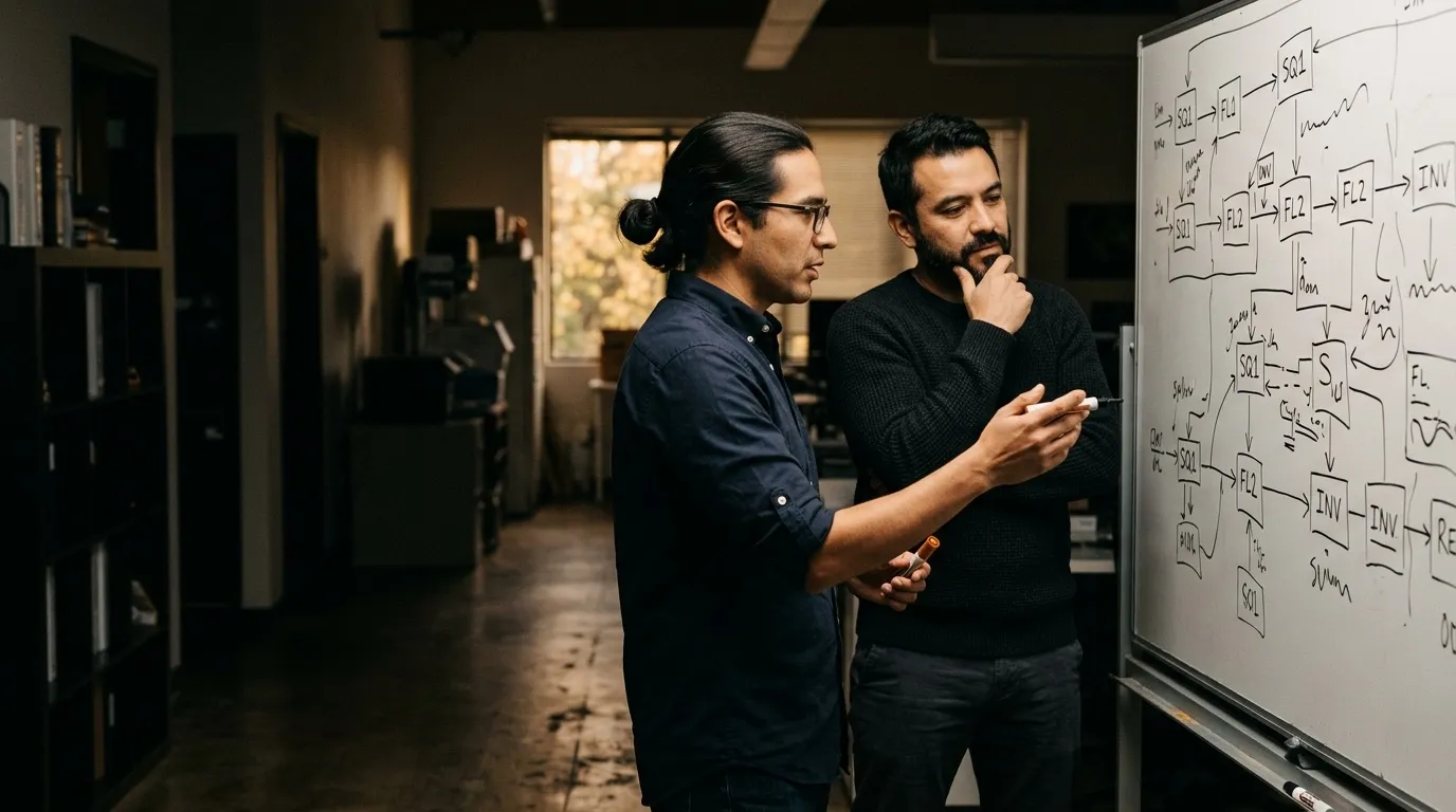 An engineer and an operations manager discussing a process diagram on a whiteboard