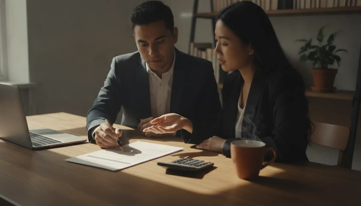 A business owner and an advisor reviewing a printed quote with a calculator next to a laptop