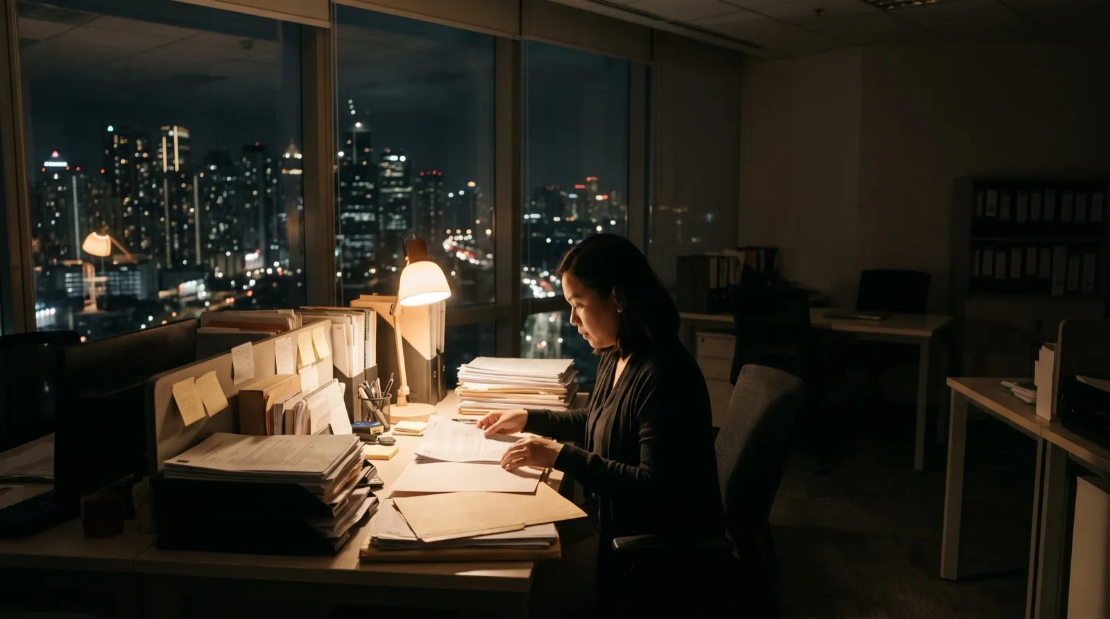 Una asistente legal clasifica pilas de documentos de noche en una oficina tranquila en Manila, con la lámpara encendida y luces de la ciudad por la ventana