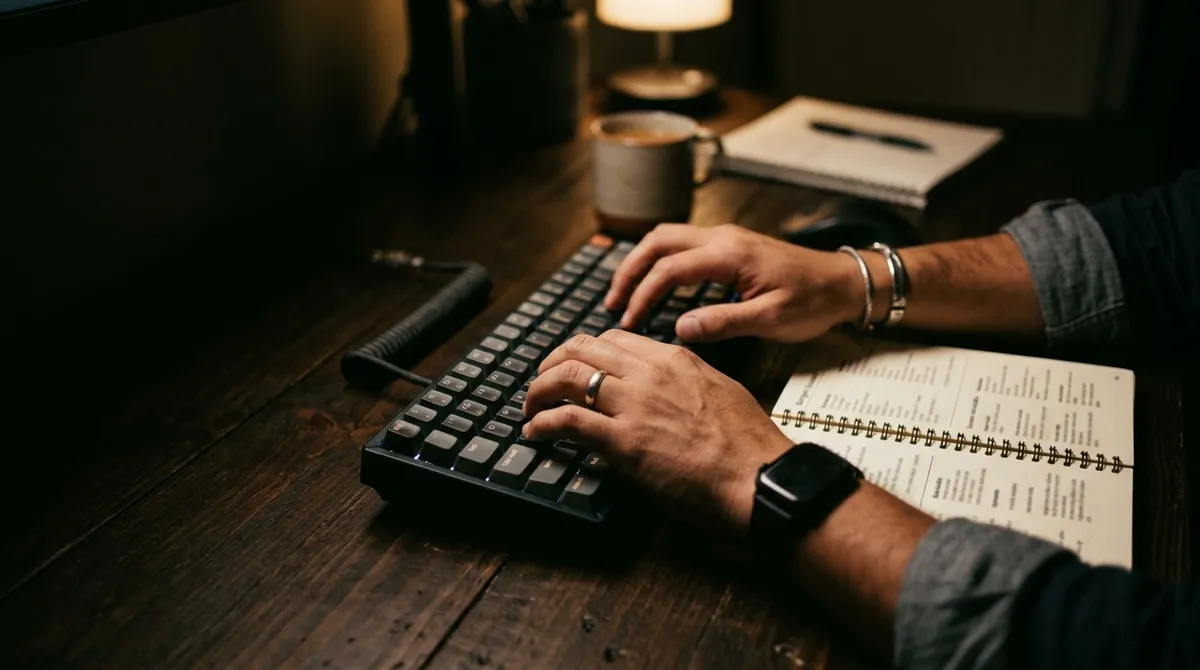 Hands typing on a mechanical keyboard beside a printed bilingual glossary, English and Spanish columns blurred