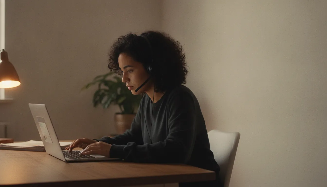 Una agente con diadema lee el historial de chat de un cliente en su laptop antes de responder