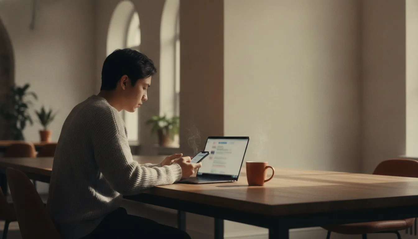 Una agente responde mensajes en el celular y en la laptop al mismo tiempo en una oficina luminosa