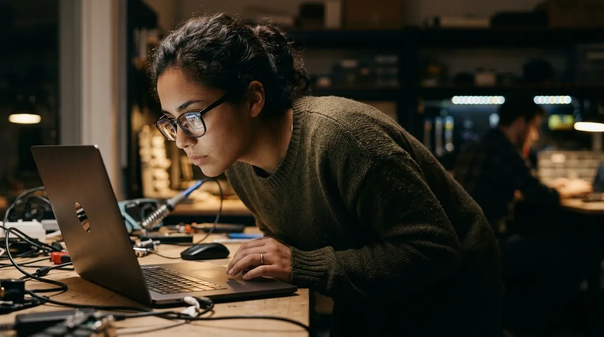Un ingeniero inclinado revisando de cerca la pantalla de su laptop