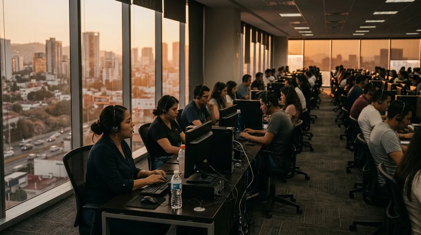 Un piso de contact center en Guadalajara al atardecer, filas de agentes con diadema y edificios de la ciudad por la ventana