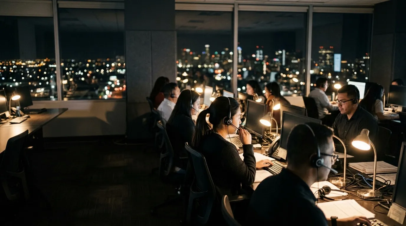 Un piso de contact center en turno nocturno, agentes con diadema bajo lámparas cálidas y luces de la ciudad por la ventana