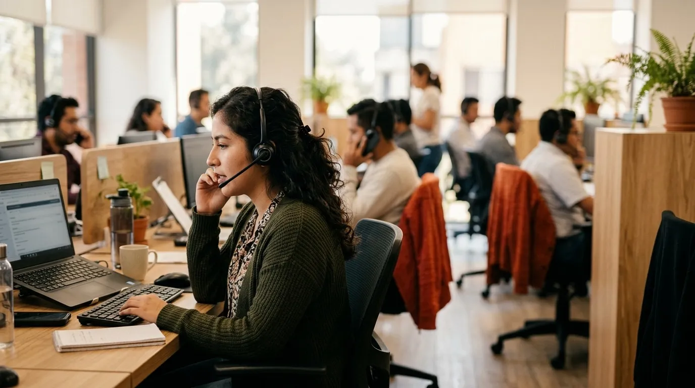A bilingual support agent with a headset mid-call at a desk in a bright Mexican office, colleagues softly out of focus behind