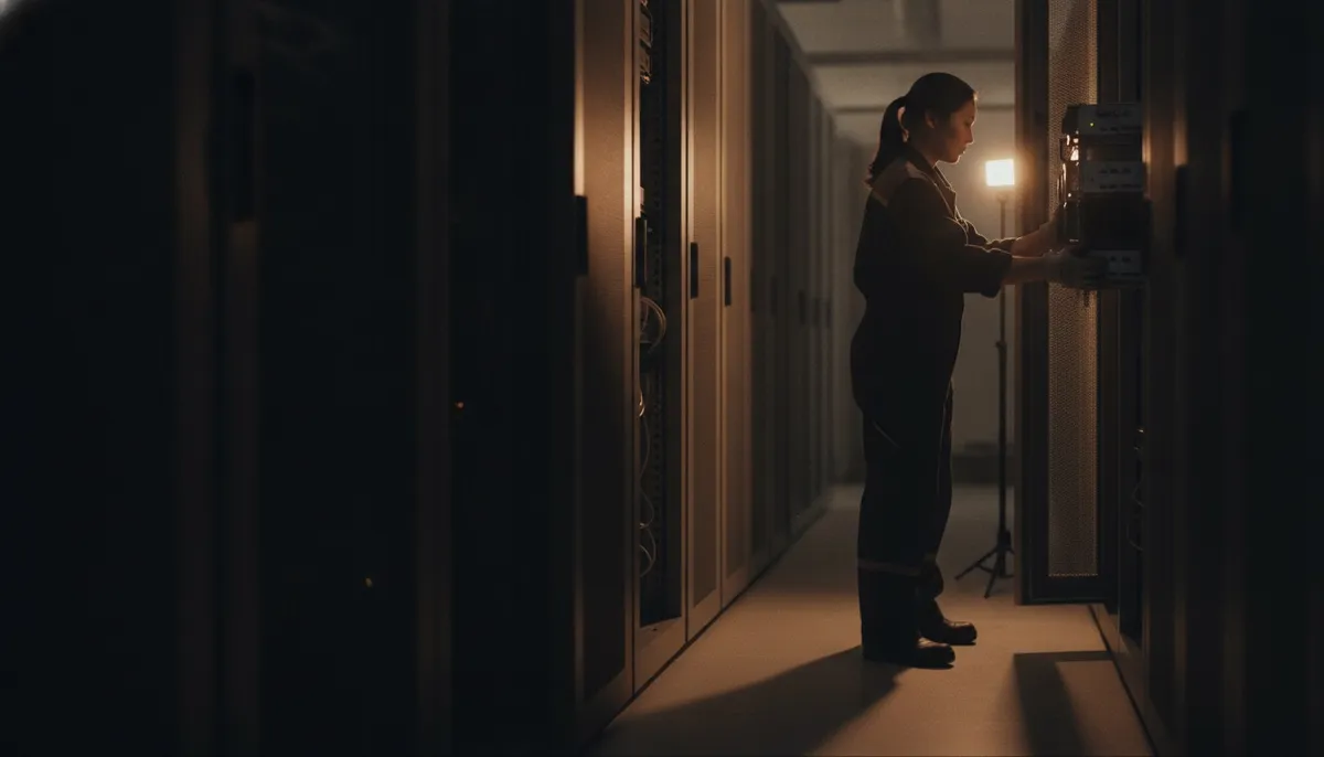 A technician sliding a server into a rack in a small private data center, cool aisle lit by a warm work light