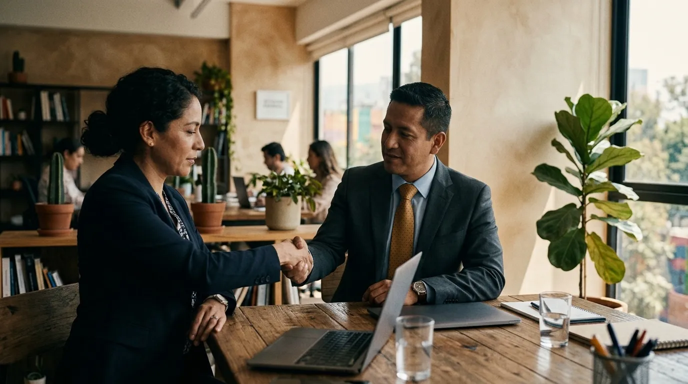 Dos personas de negocios estrechando la mano en una sala de juntas iluminada en México