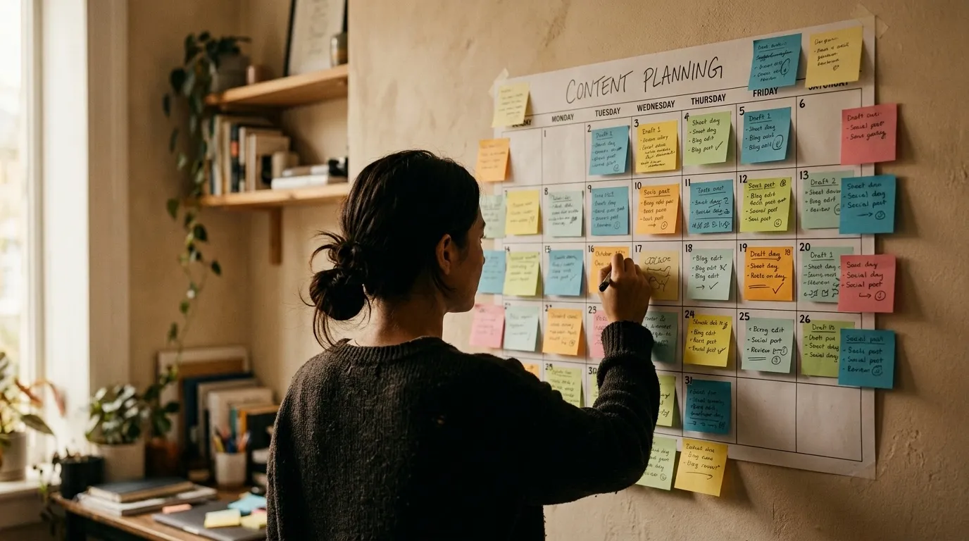A wall calendar covered in colored sticky notes planning a month of content