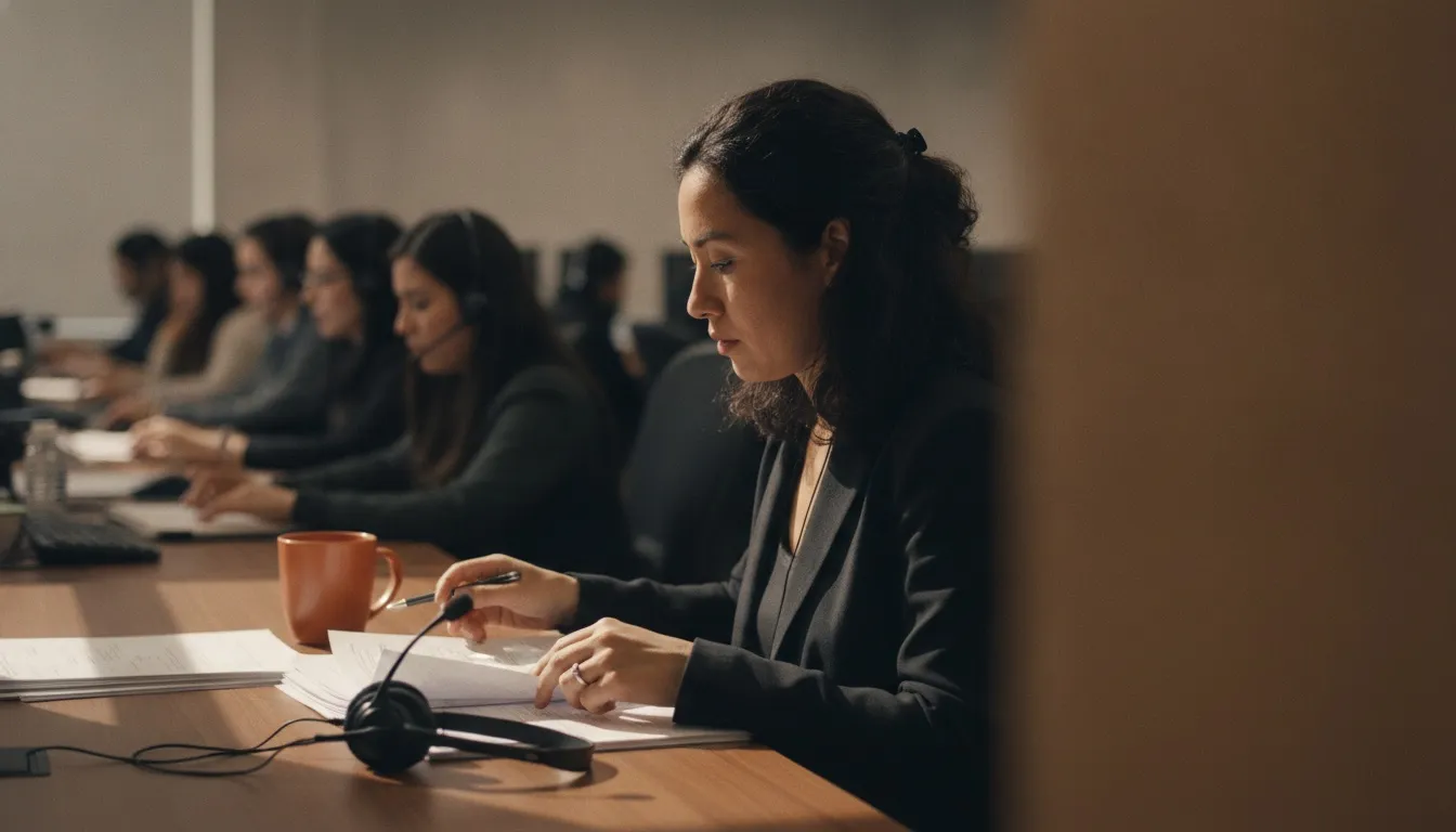 Una supervisora revisa transcripciones de llamadas en papel junto a una diadema, con un piso de call center desenfocado al fondo