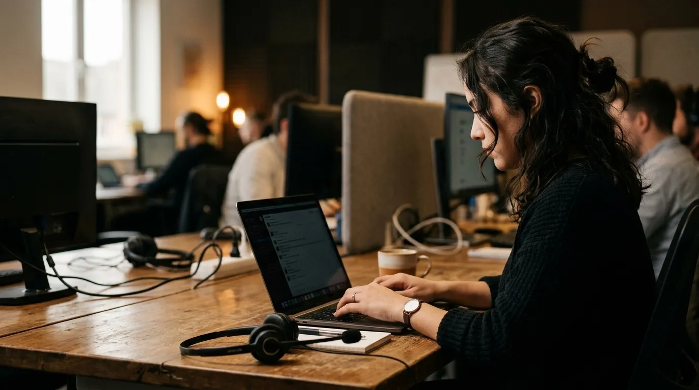 A customer service agent replying to a chat on a laptop with a headset resting on the desk