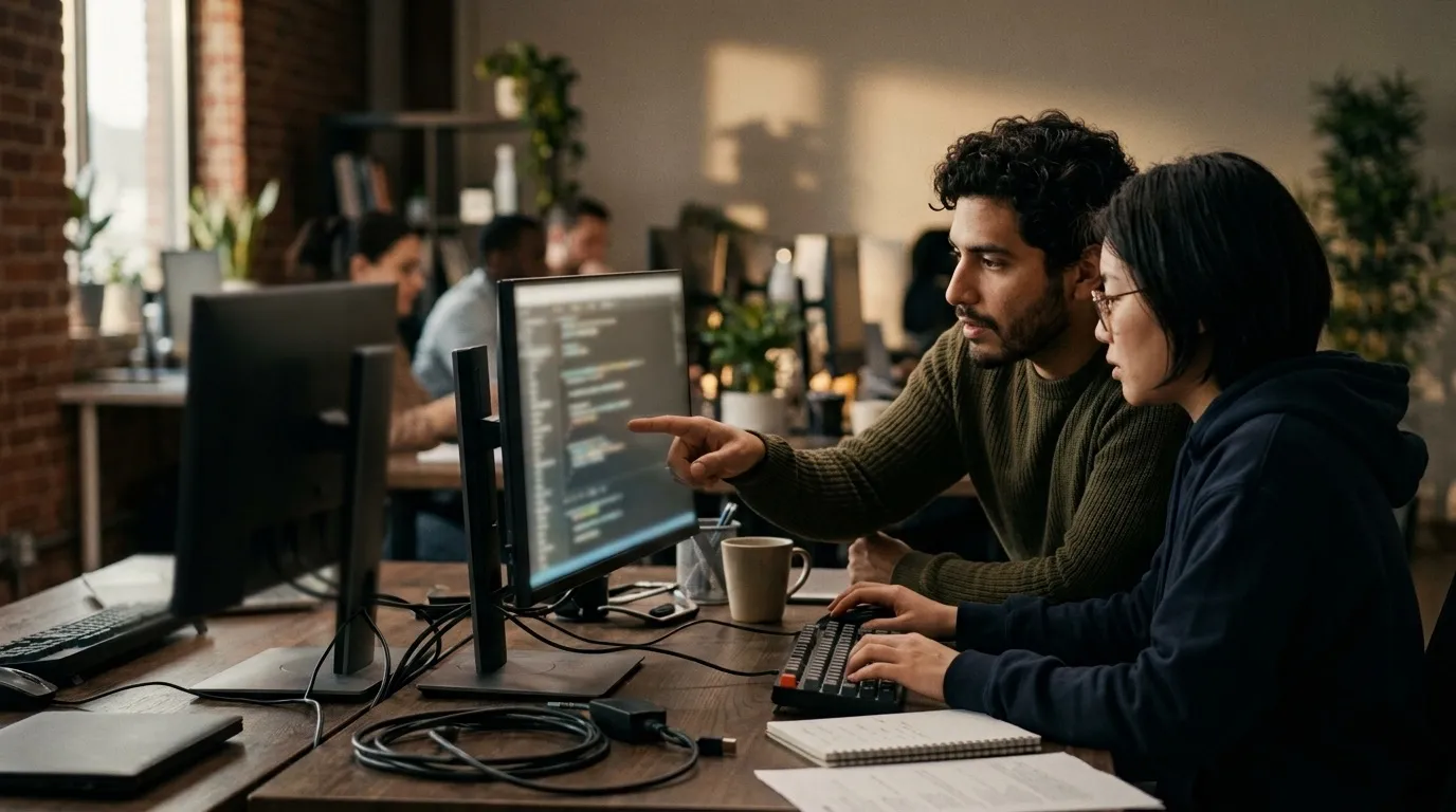Dos ingenieros de software programando en pareja en un mismo escritorio, luz de tarde