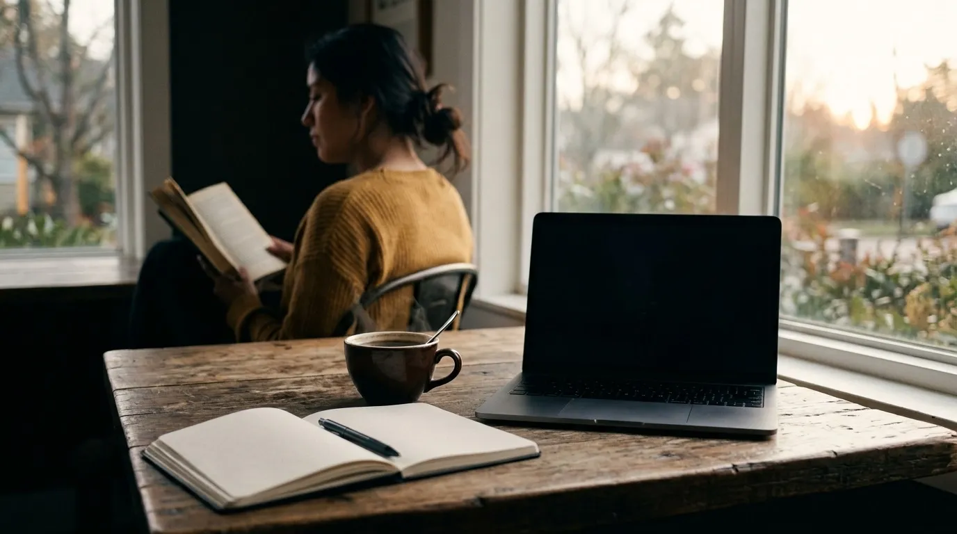 A notebook, a cup of coffee and a laptop on a wooden table by a window, early morning light