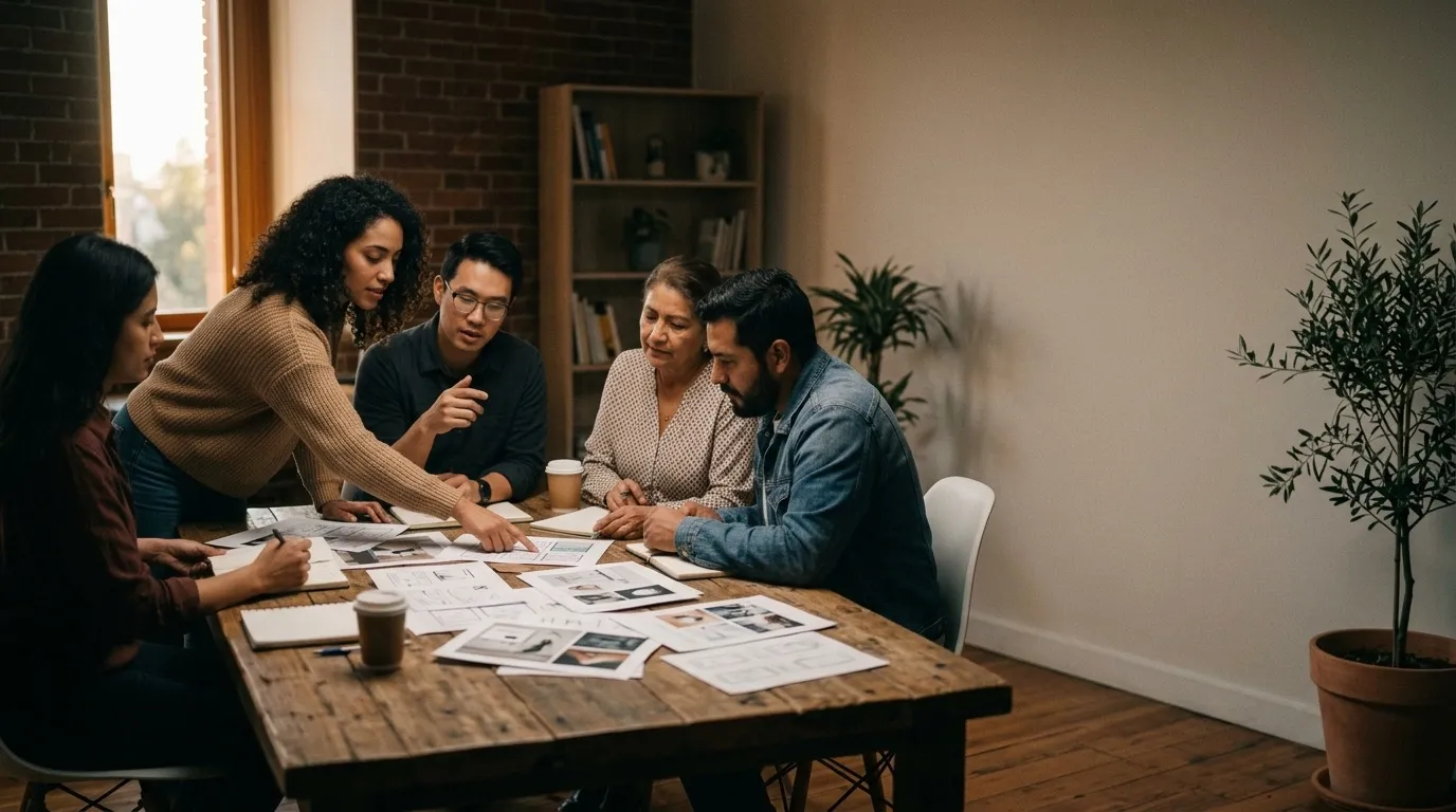A marketing team reviewing printed ad mockups spread across a table
