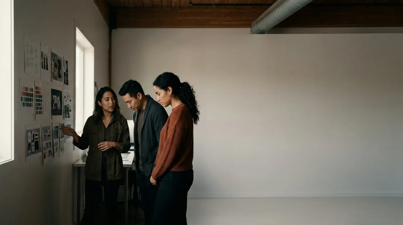 A creative team in a studio reviewing work pinned to a wall