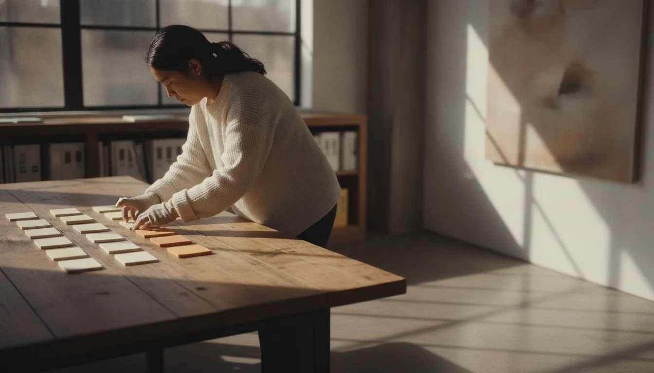 A marketing lead laying out blank index cards and sticky notes in columns on a long table in a sunlit office
