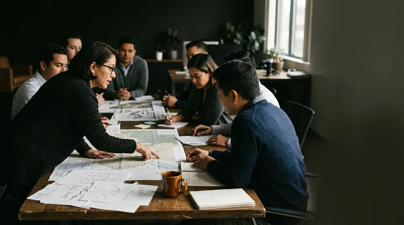 A strategy workshop with leaders around a table covered in printed plans