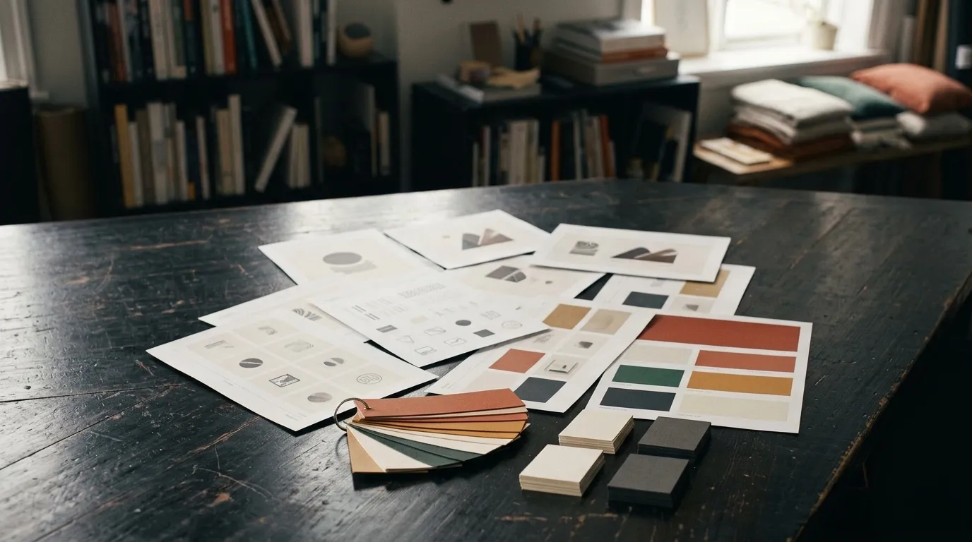 Pruebas de identidad de marca, muestras de color y tarjetas de presentación sobre una mesa oscura