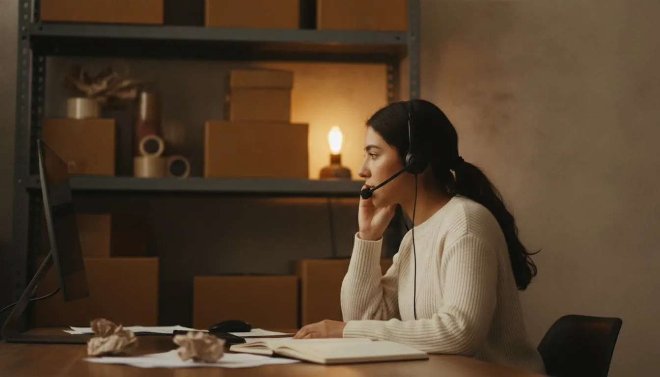 A support agent with a headset answering an order question at a desk, shipping boxes and packing tape on shelves behind