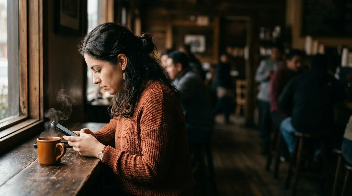 A person reading email on a phone at a café table, coffee steaming