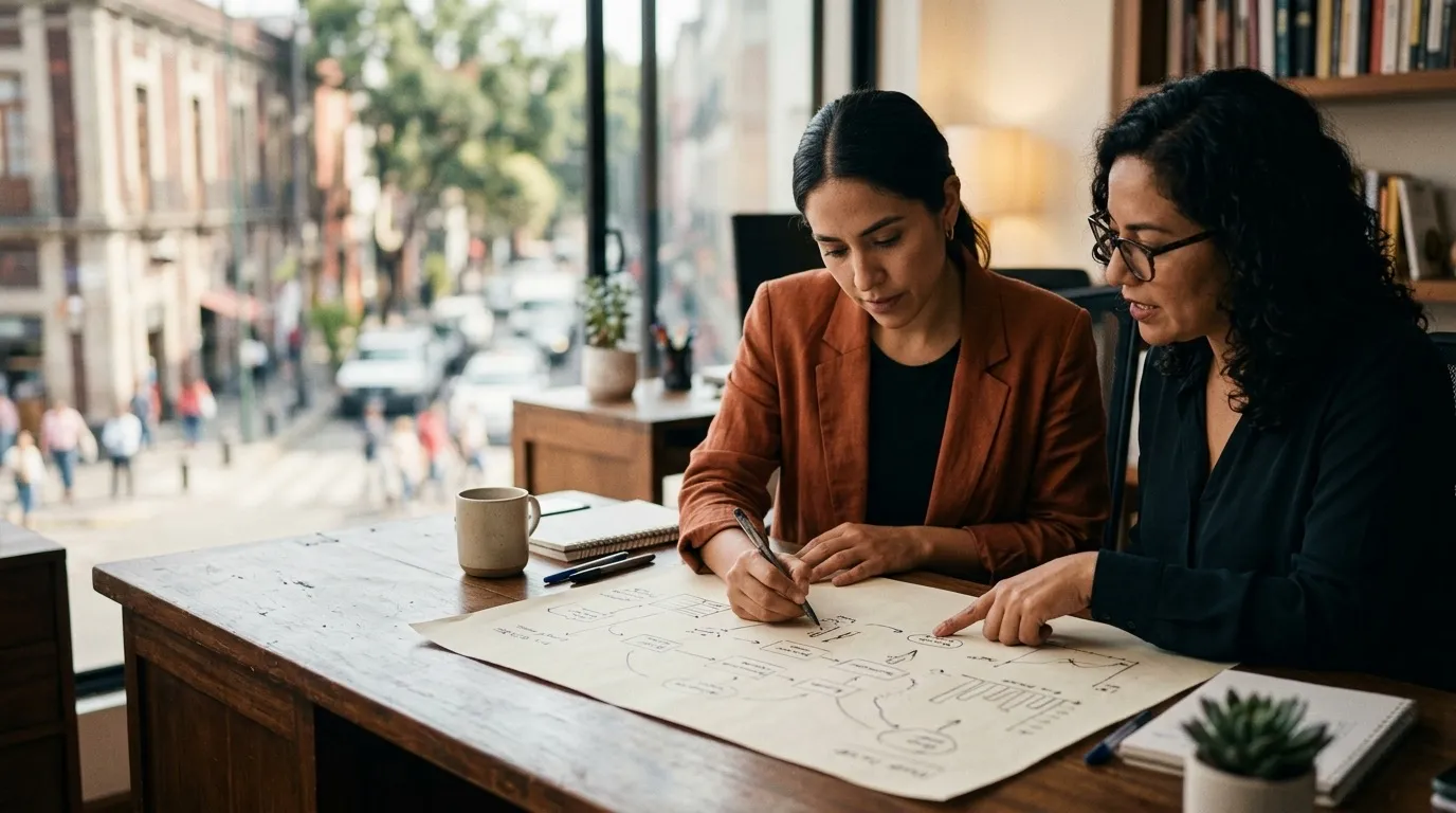 Un empresario y una estratega dibujando un plan de crecimiento en papel en una oficina