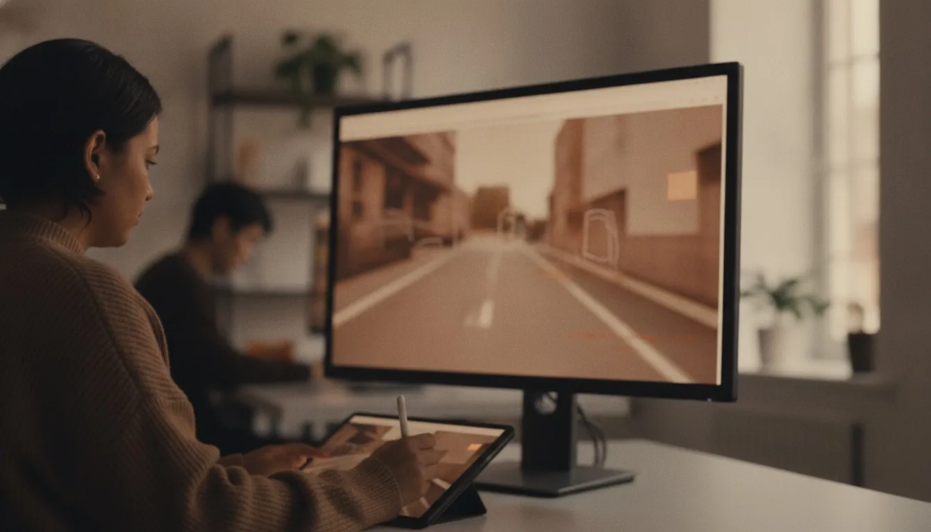 Una anotadora marca objetos en fotografías de calles en un monitor grande dentro de una oficina tranquila
