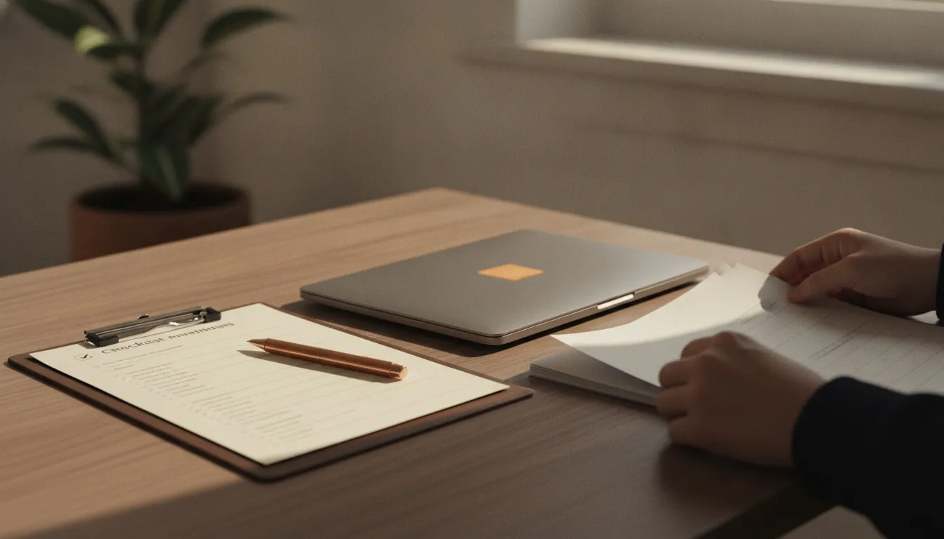 A tidy desk with a printed checklist, a clipboard and a pen beside a closed laptop, morning light
