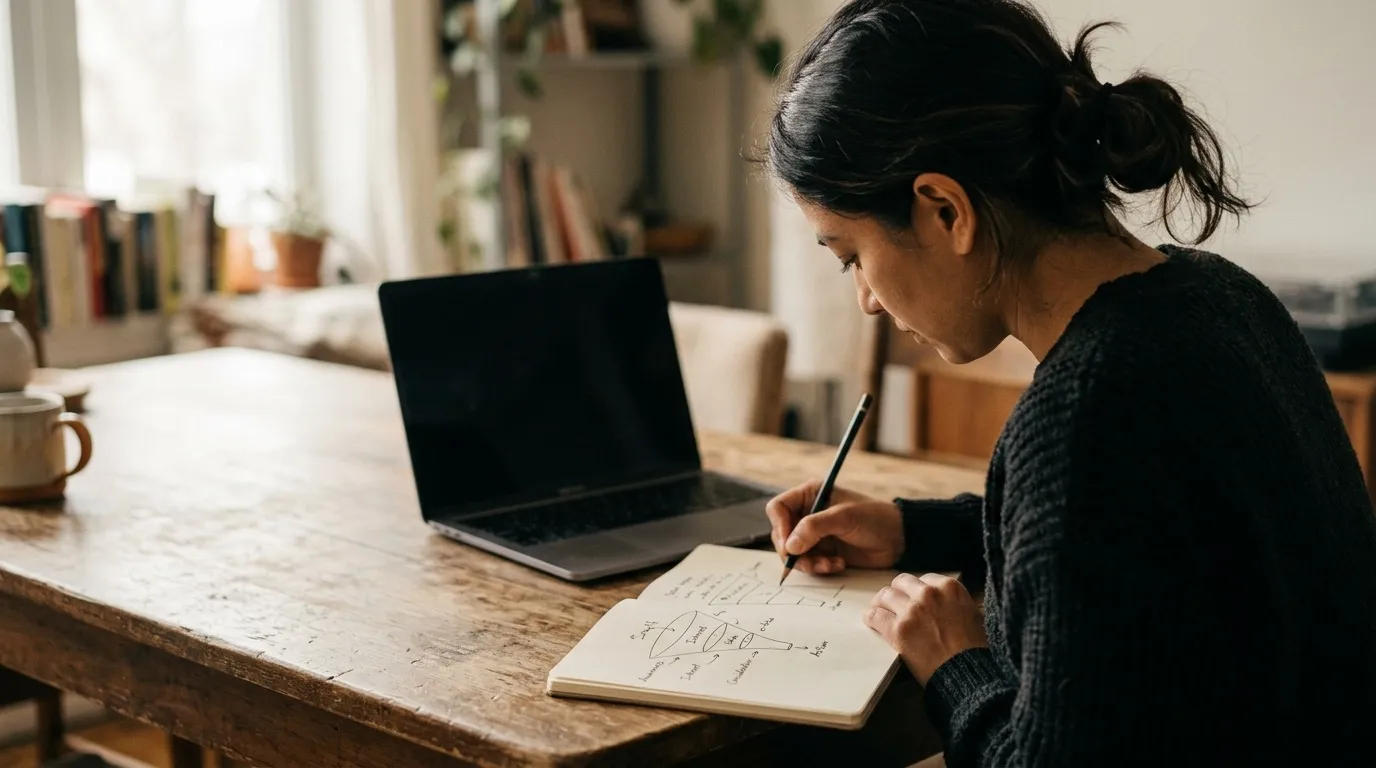 A person sketching a funnel diagram on paper next to a laptop