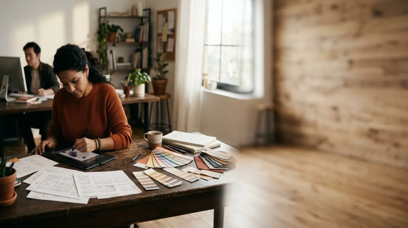 A designer's desk with a drawing tablet, color swatches and printed proofs