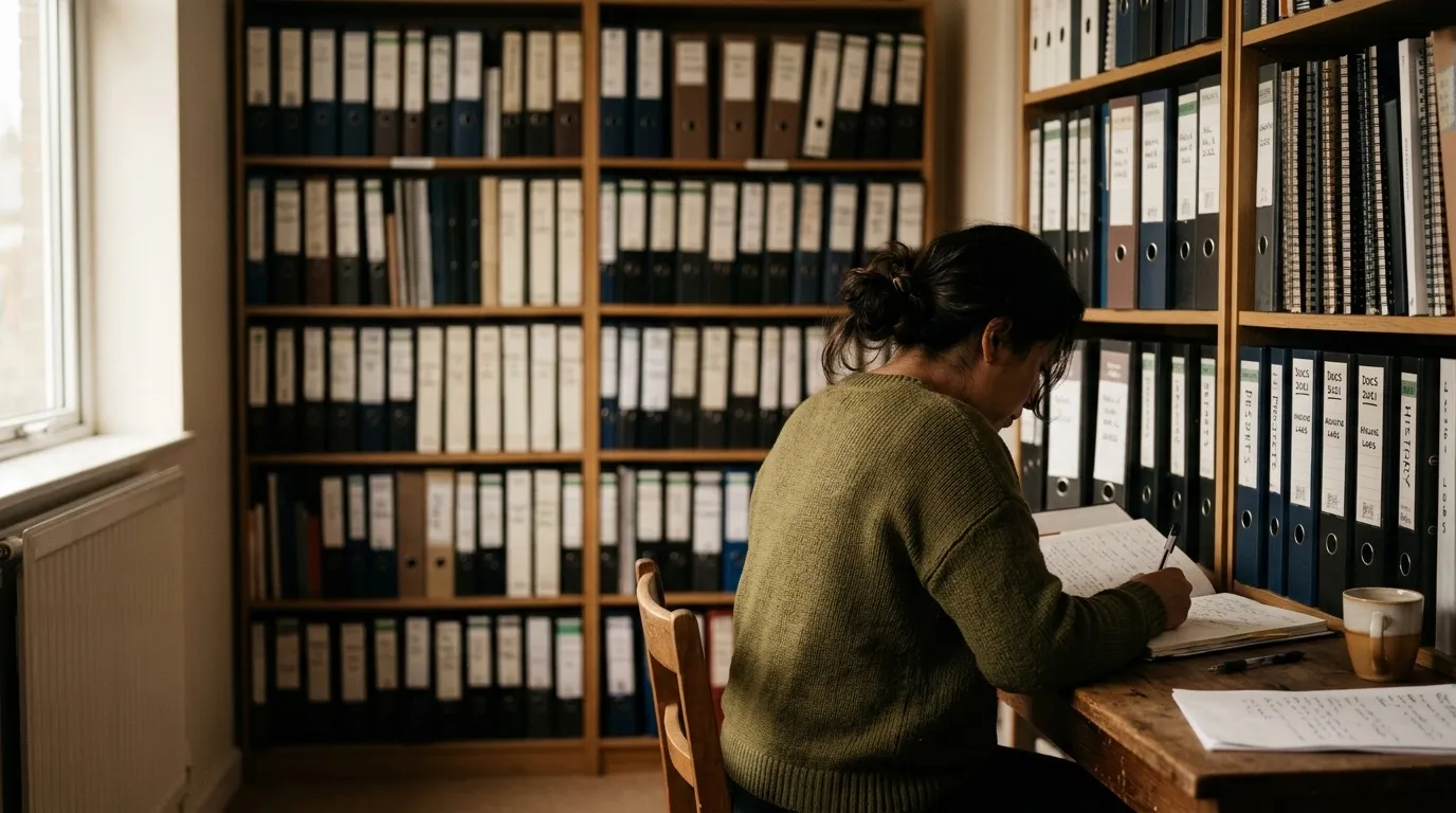 Estantes con carpetas y libretas etiquetadas en un espacio de trabajo ordenado