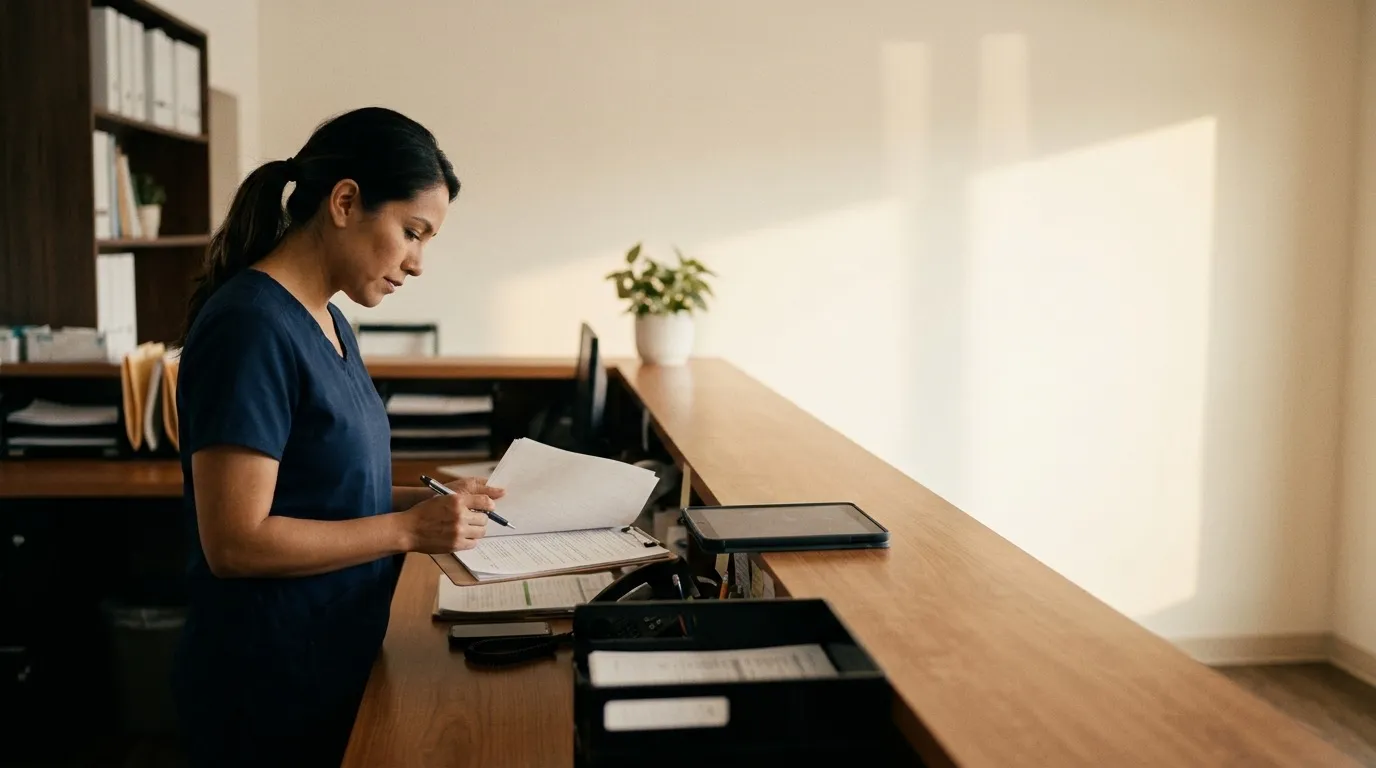 A clinic reception desk with a nurse reviewing paperwork beside a tablet, soft morning light