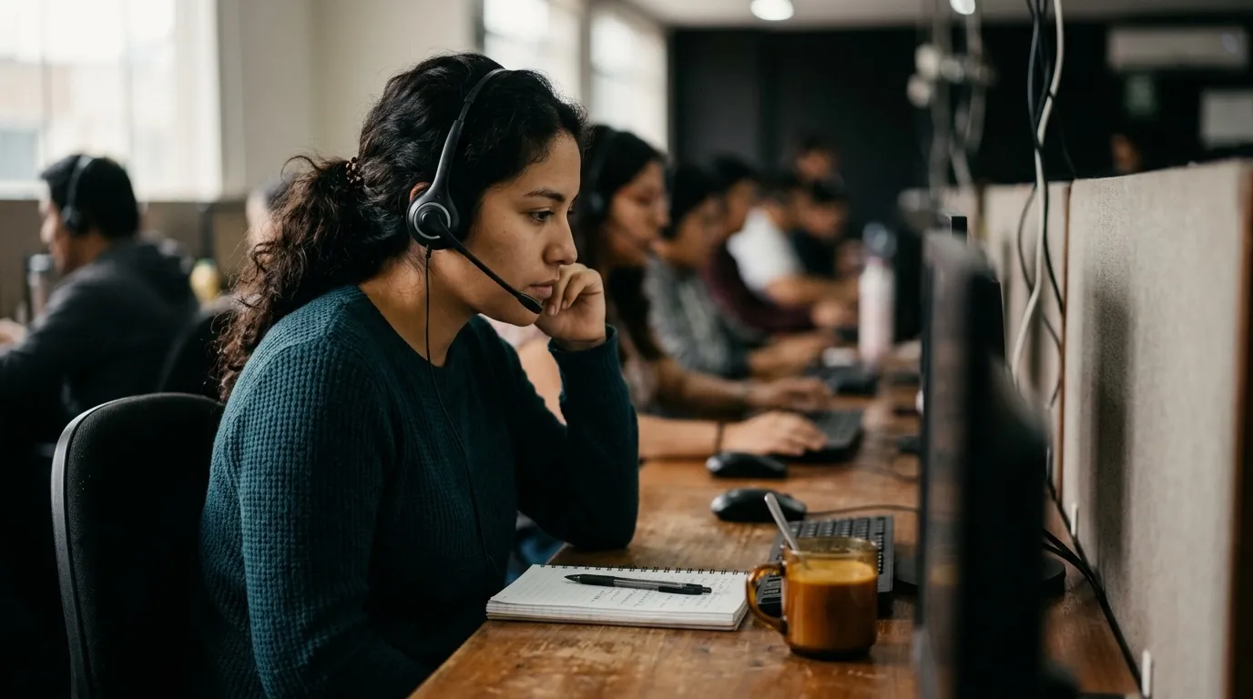A support agent with a headset listening to a customer call, a notepad and coffee on the desk