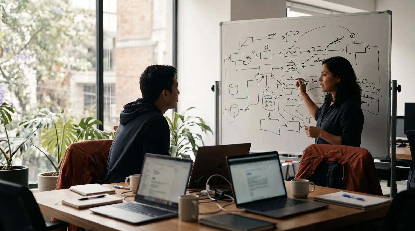 Dos ingenieros revisan un diagrama de un flujo de datos en un pizarrón en una oficina de la Ciudad de México, con laptops abiertas en la mesa