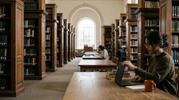 Una lectora abriendo su laptop en una biblioteca universitaria con estantes de madera