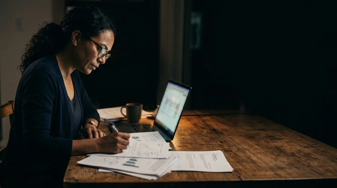 Una empresaria estudiando gráficas impresas y notas de noche junto a su laptop
