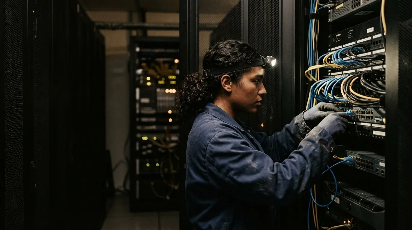 An IT technician connecting cables in a network cabinet, headlamp light