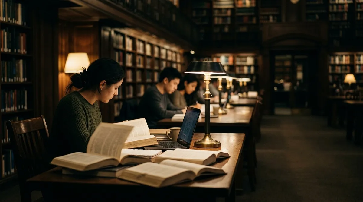 Open reference books and a laptop on a long library table, reading lamp glowing