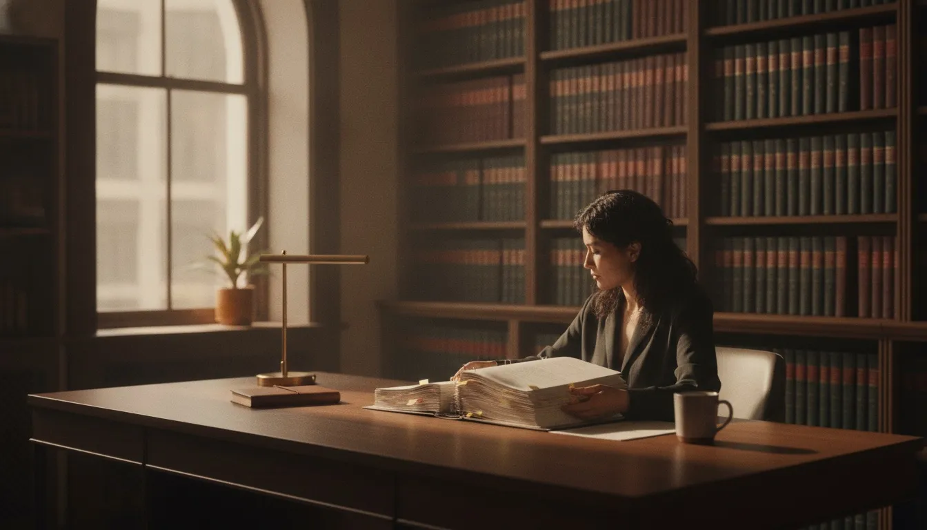 A legal assistant reviewing a case file at a tidy desk beside shelves of bound law books, soft afternoon light through a tall window