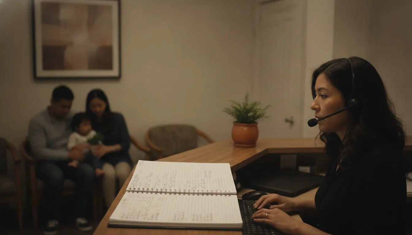 A receptionist with a headset answering a call at the front desk of a small family-run clinic, appointment book and laptop beside her, a waiting area softly out of focus behind