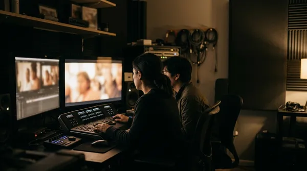 A film editing suite with color-grading monitors glowing in a dark room, footage too soft to read