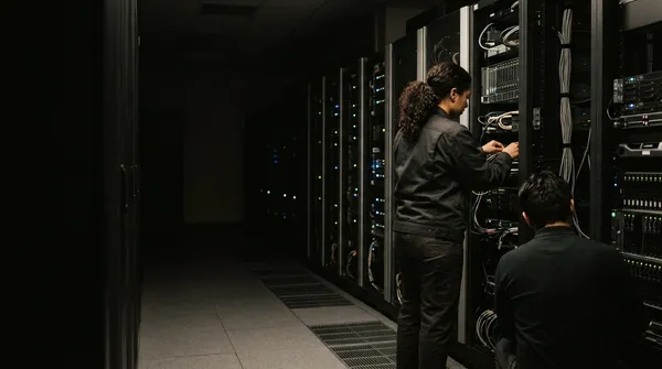 Un pasillo de centro de datos con racks de servidores y pequeñas luces de estado