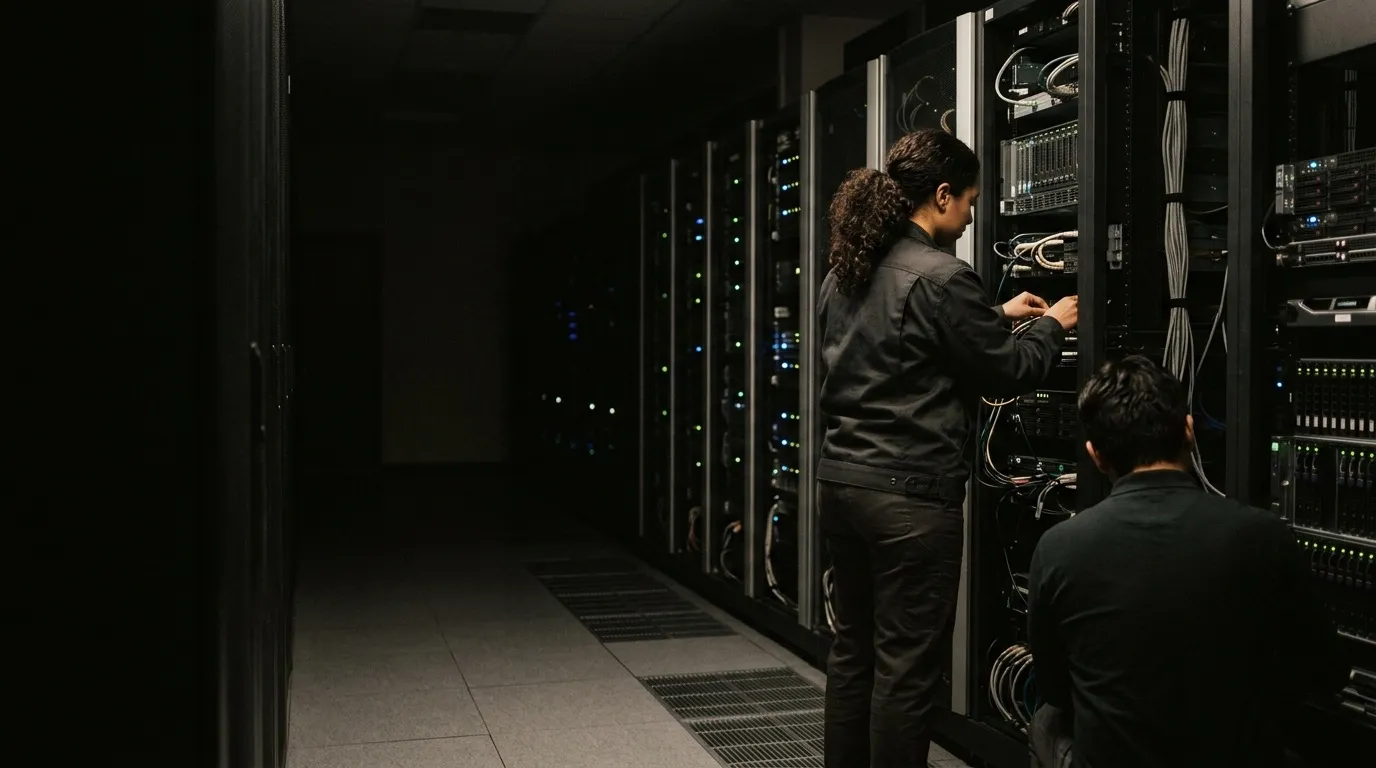 Un pasillo de centro de datos con racks de servidores y pequeñas luces de estado